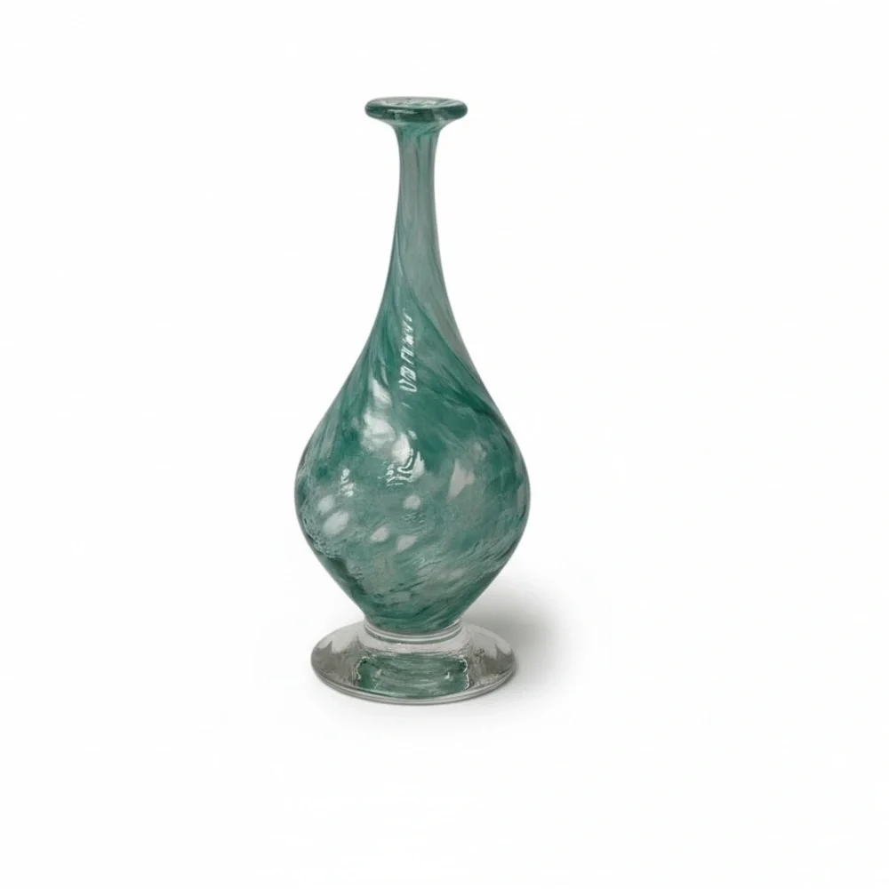 LC ROFF Vase Hand Blown Glass Teardrop Signed Swirls 9” Tall Aqua